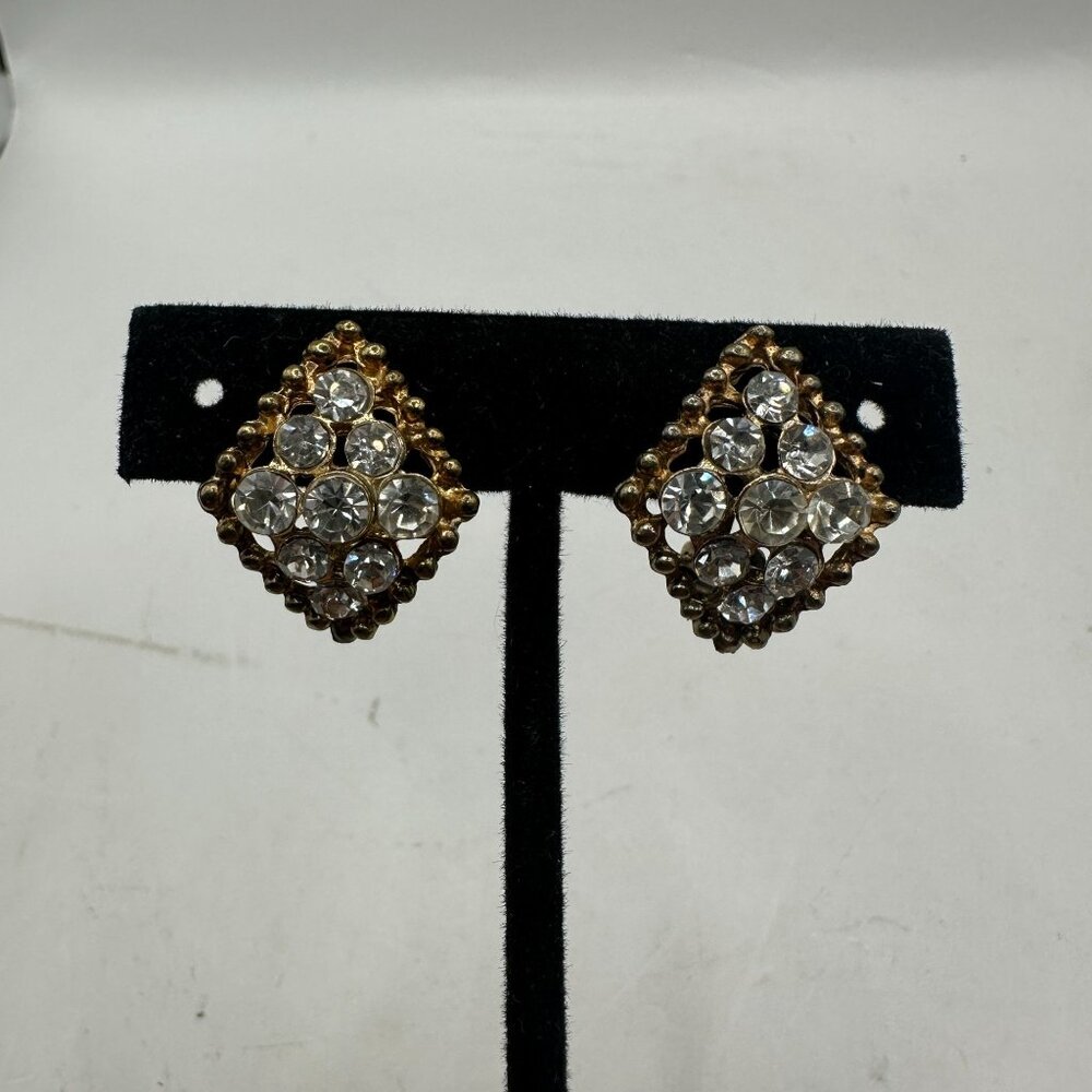 Vintage Gold-Tone Clip-On Earrings With Rhinestones
